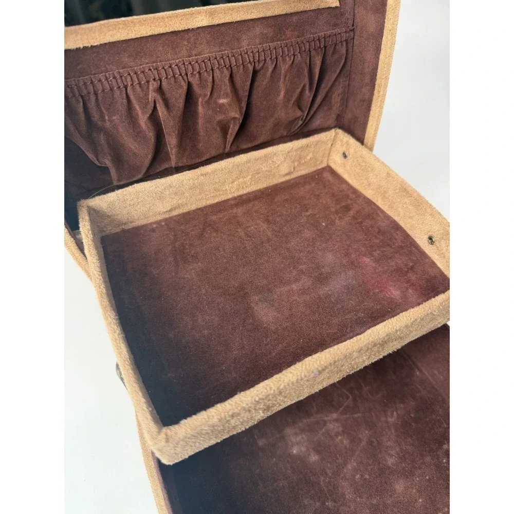 Vintage 1960s Travel Jewelry Case Valet Box Faux Suede Brown Tan Mirror